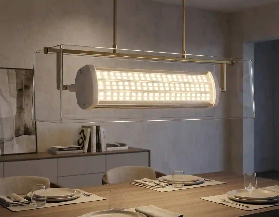 Rozsvícená LED žárovka R7S v designovém lustru